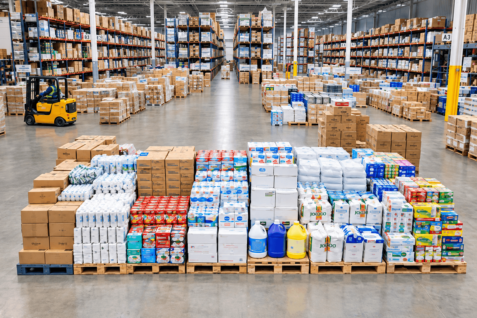 Warehouse with organised pallets of supplies ready for institutional procurement