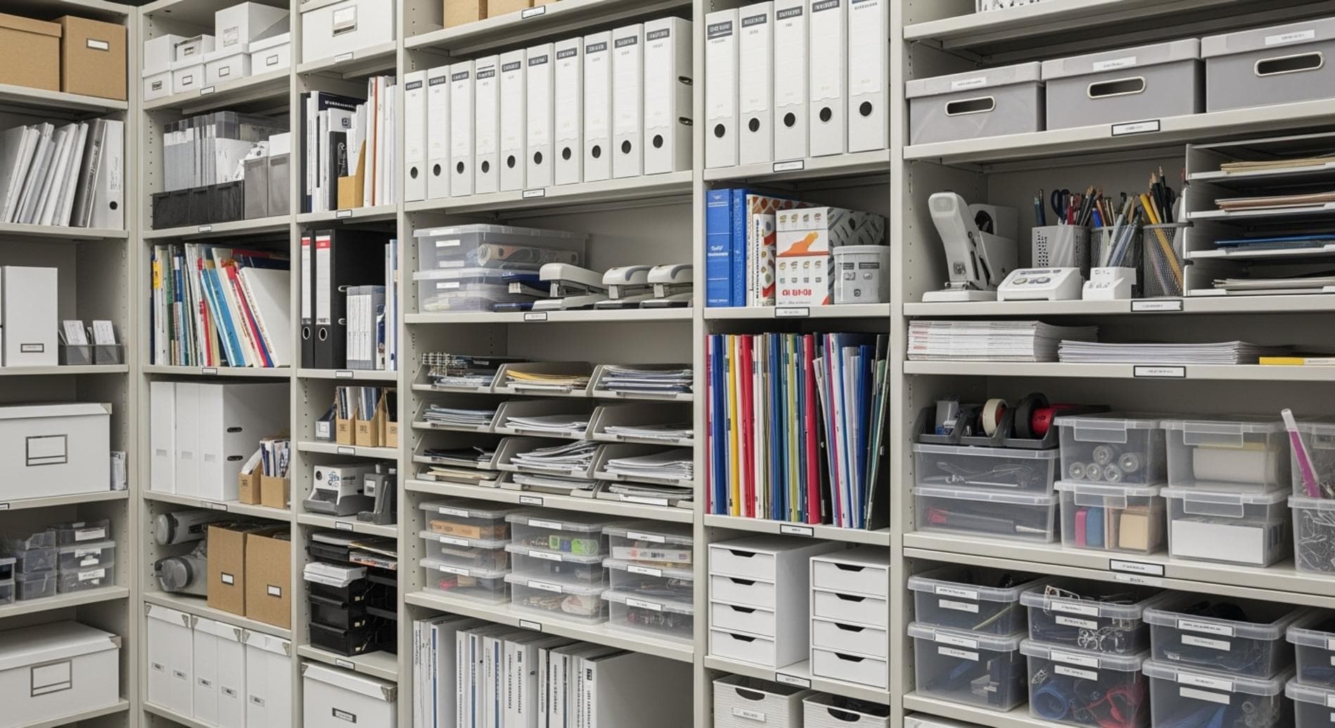 Organised shelves of files, binders and stationery